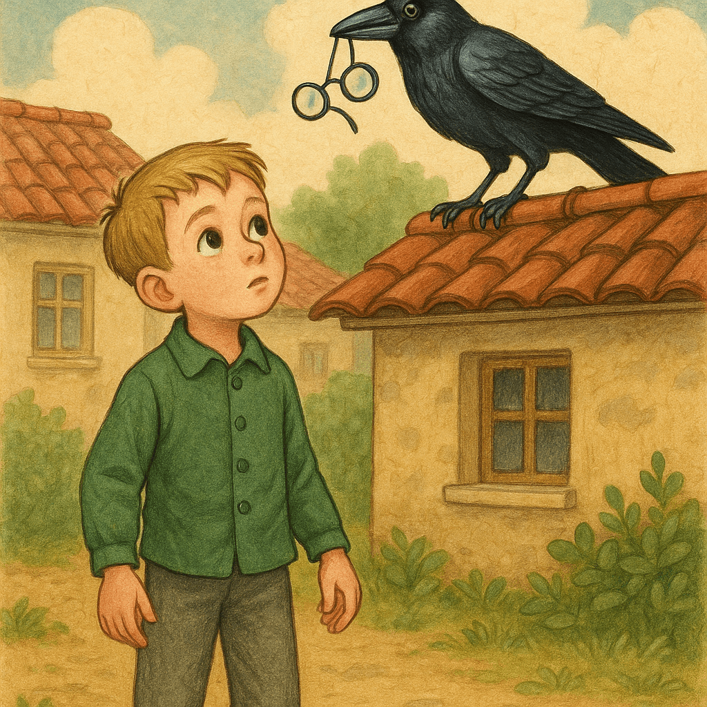 Мальчик смотрит на галку с очками на крыше.