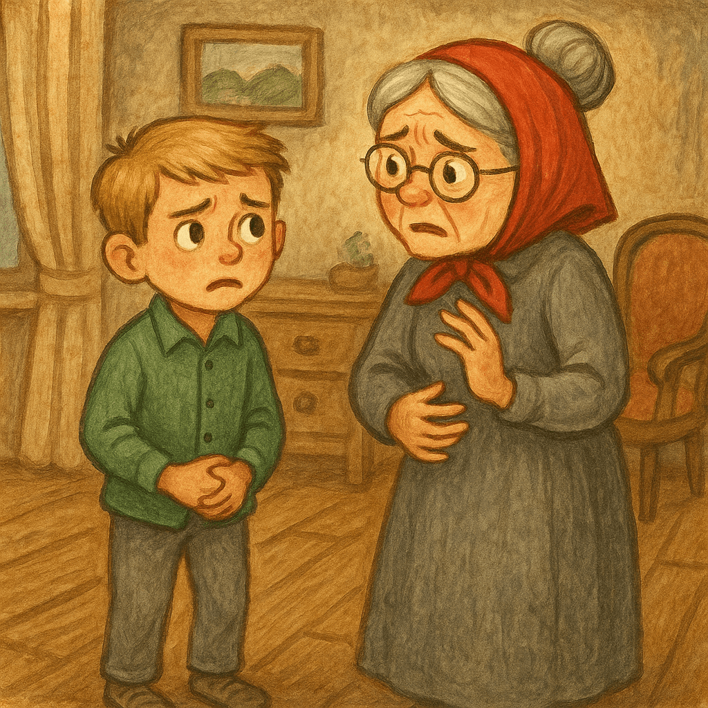 Мальчик и бабушка ссорятся в комнате.