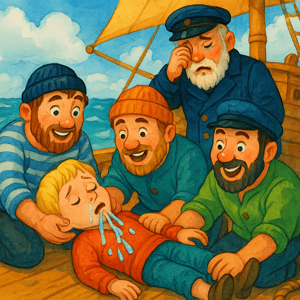 Мальчика спасают матросы.