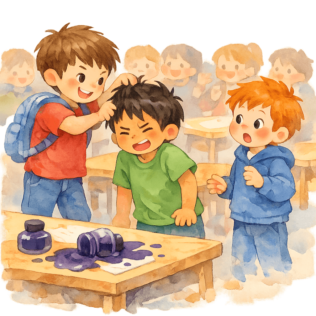 Тонино-невидимка дергает одноклассника за волосы, в классе шумят дети