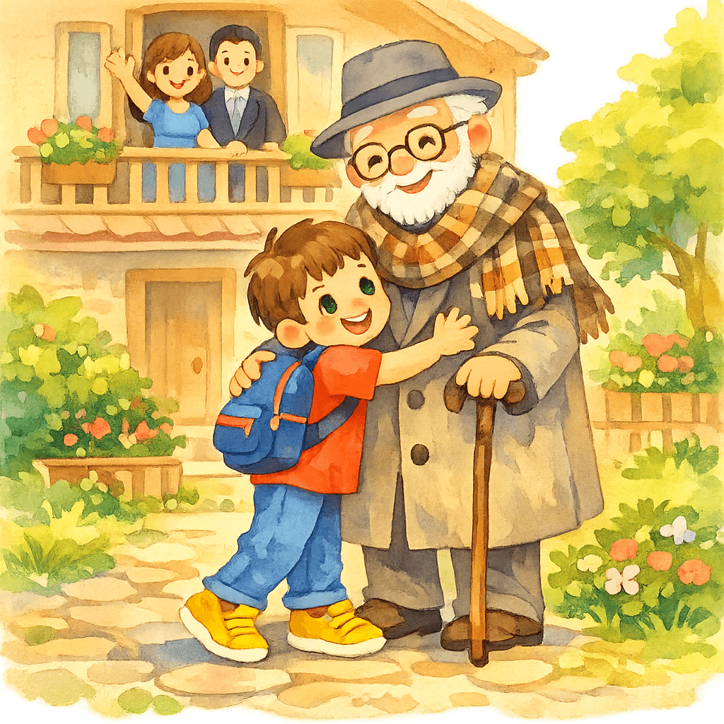 Радостный Тонино обнимает старика, мама зовет с балкона