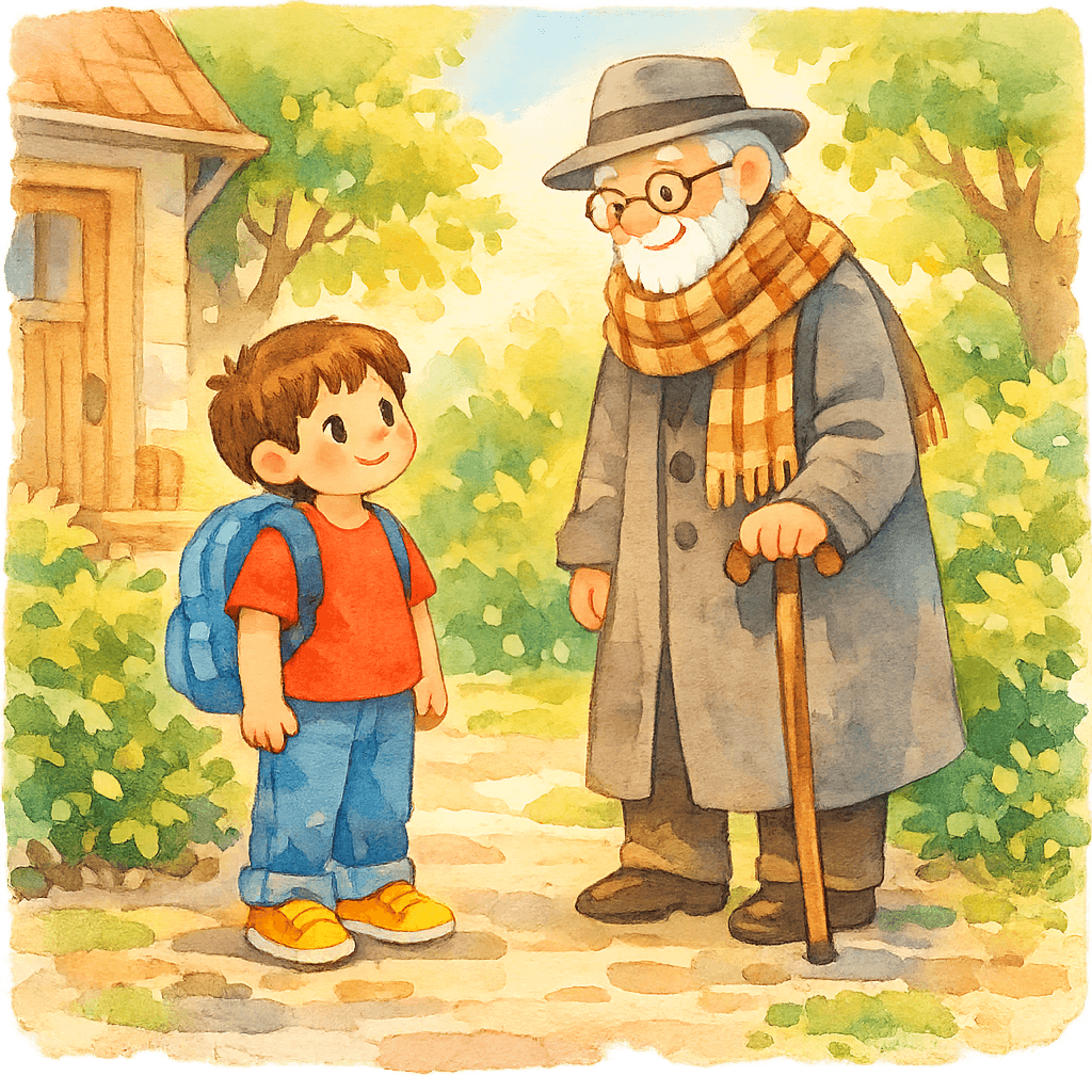 Старик разговаривает с Тонино-невидимкой у ворот