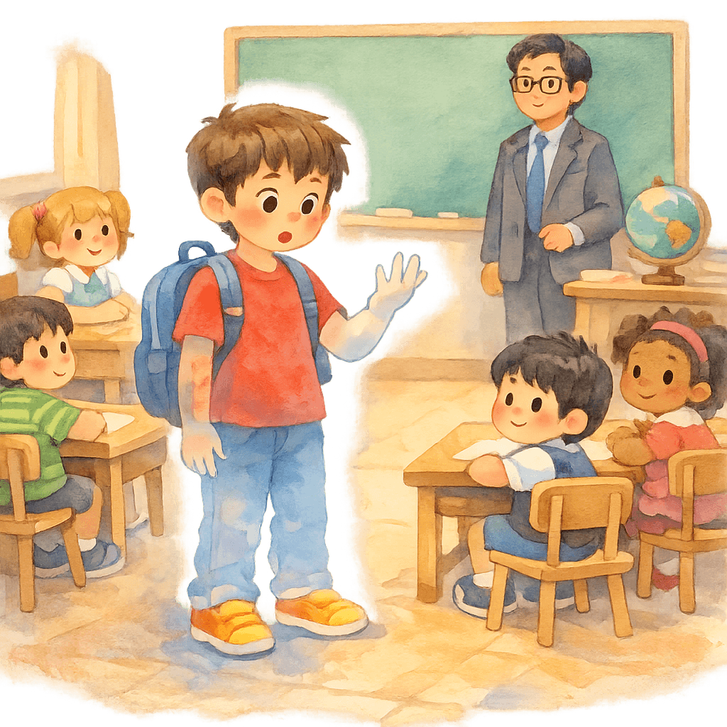 Тонино-невидимка удивленно смотрит на свою руку в классе