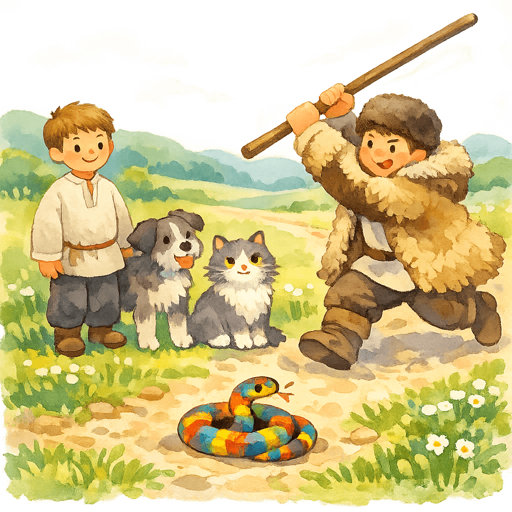 Мальчик защищает змею у дороги