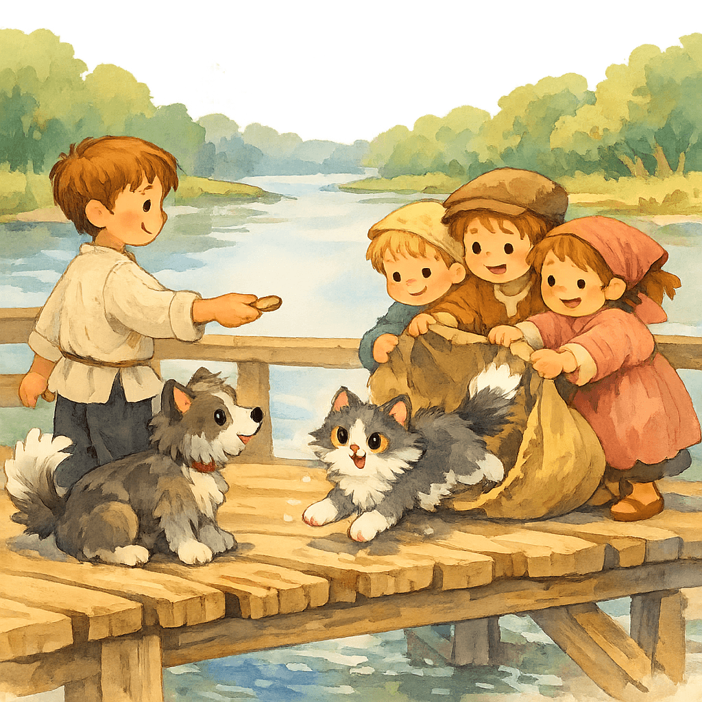 Мальчик спасает кошку на мосту