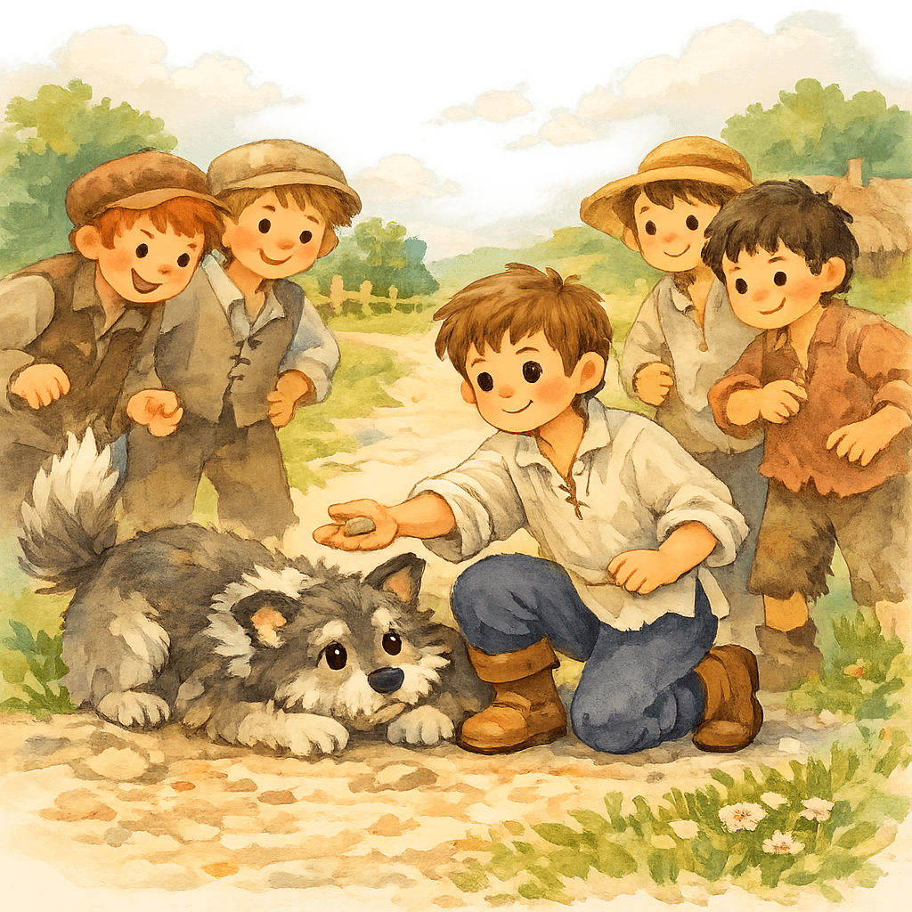 Мальчик отдаёт крейцер и спасает собаку от мальчишек