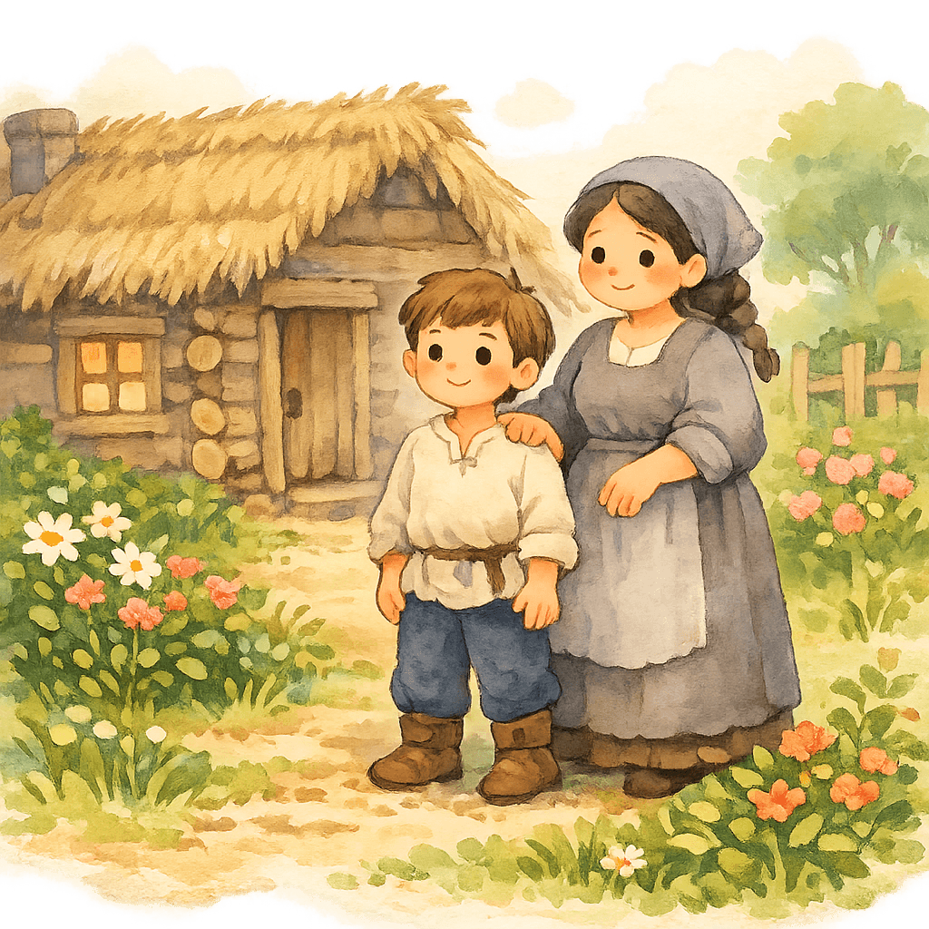 Мальчик и его мать у старой лачуги на краю деревни