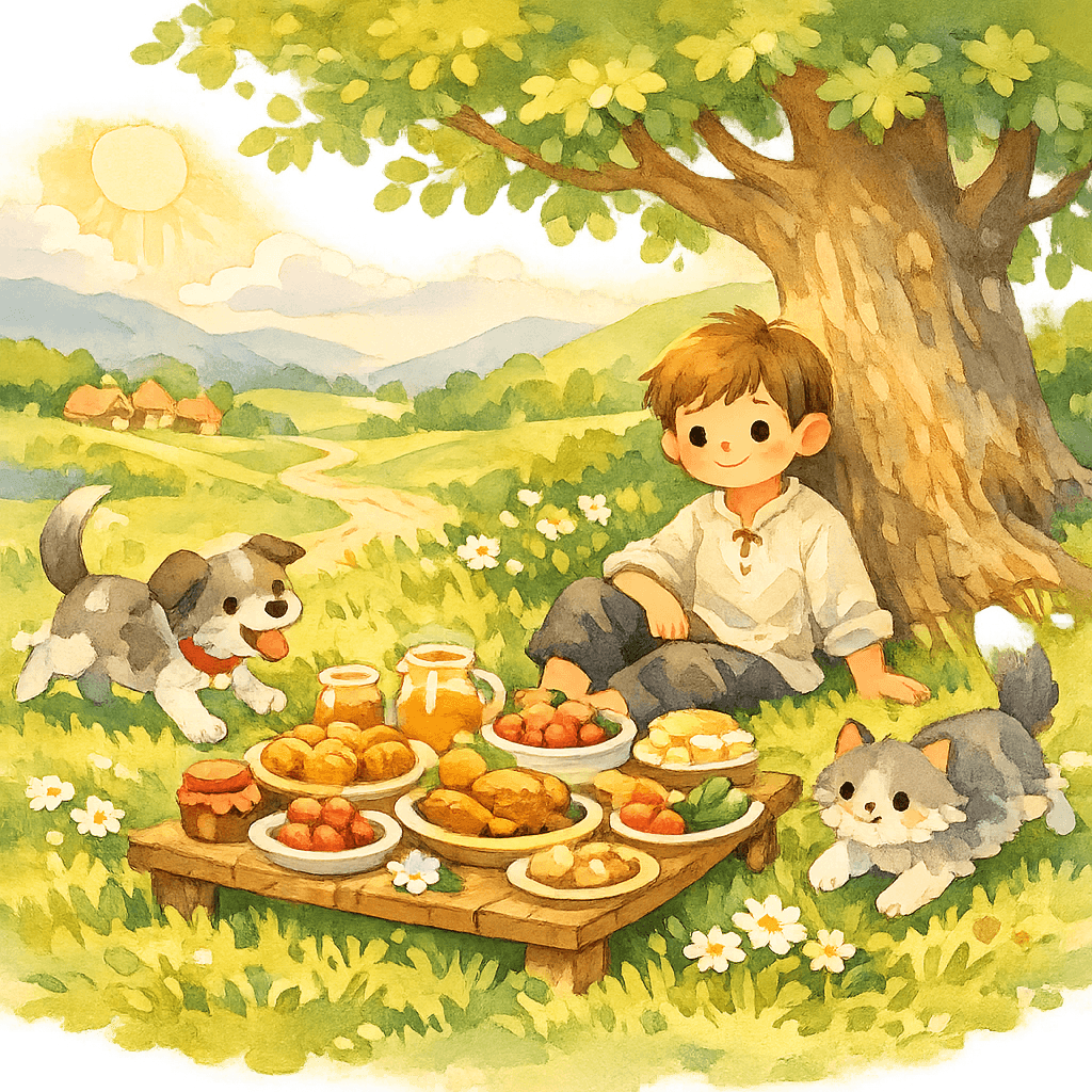 Мальчик обедает с собакой и кошкой у дороги