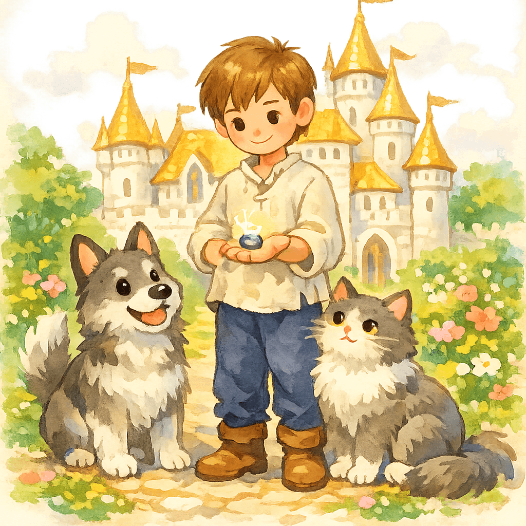 Мальчик с собакой и кошкой у волшебного дворца, в руке мальчика железный перстень