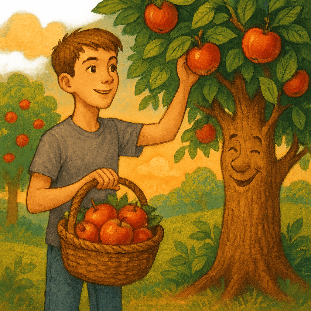 Подросший мальчик собирает яблоки с яблони.