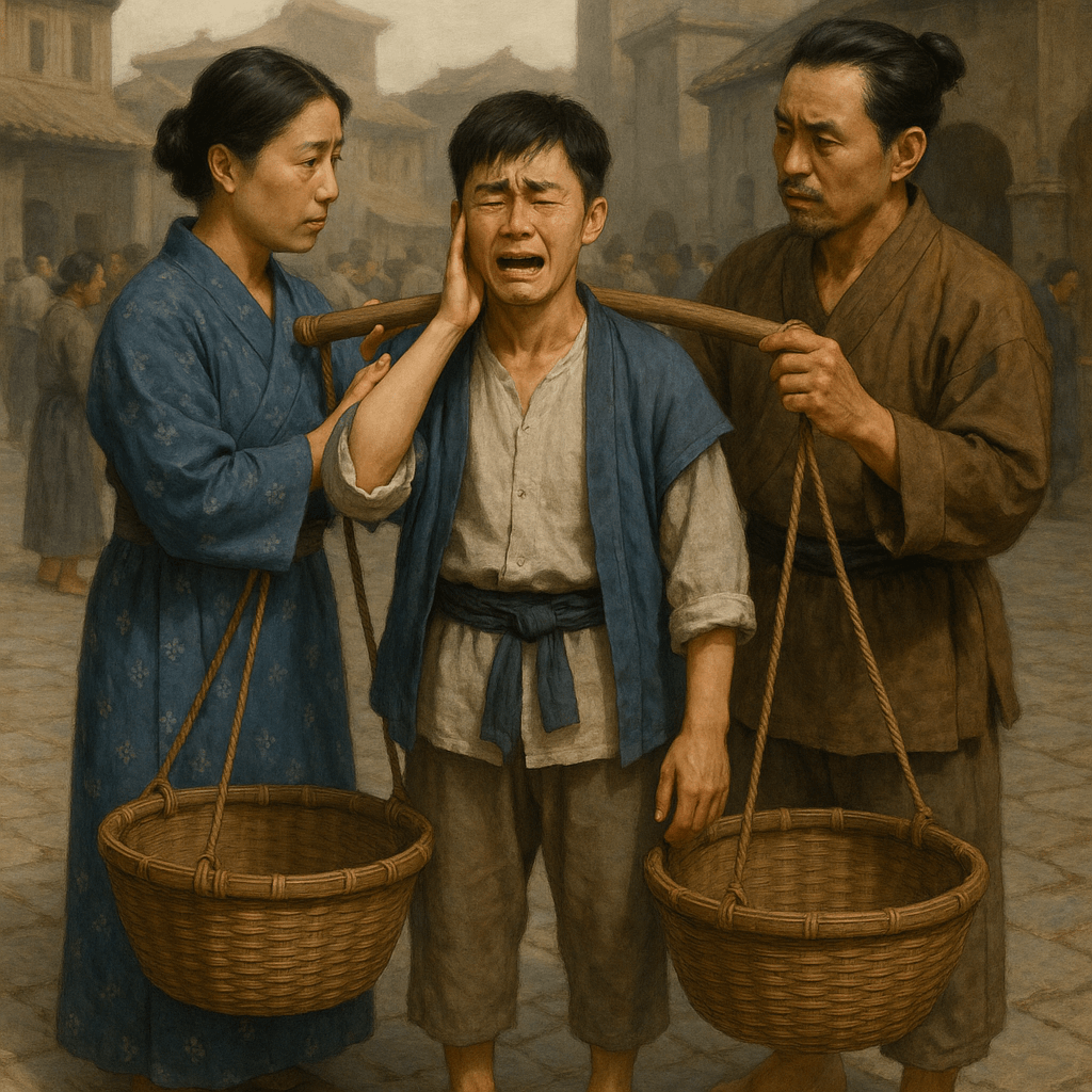 Огорчённый дурачок возвращается домой с двумя пустыми корзинами, рядом родители.