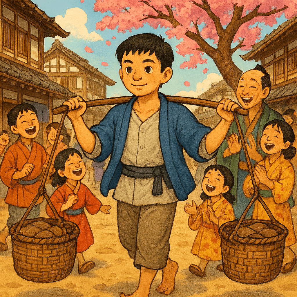 Мальчик-дурачок с двумя корзинами идёт по улице японского городка, вокруг смеются дети и взрослые. Яркая детская сказочная обложка.
