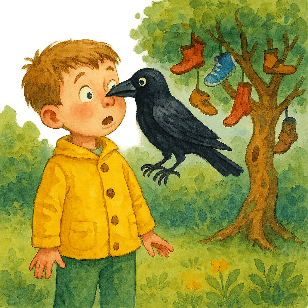 Мальчик с вороной на носу в саду, на заднем плане видно чудо-дерево.