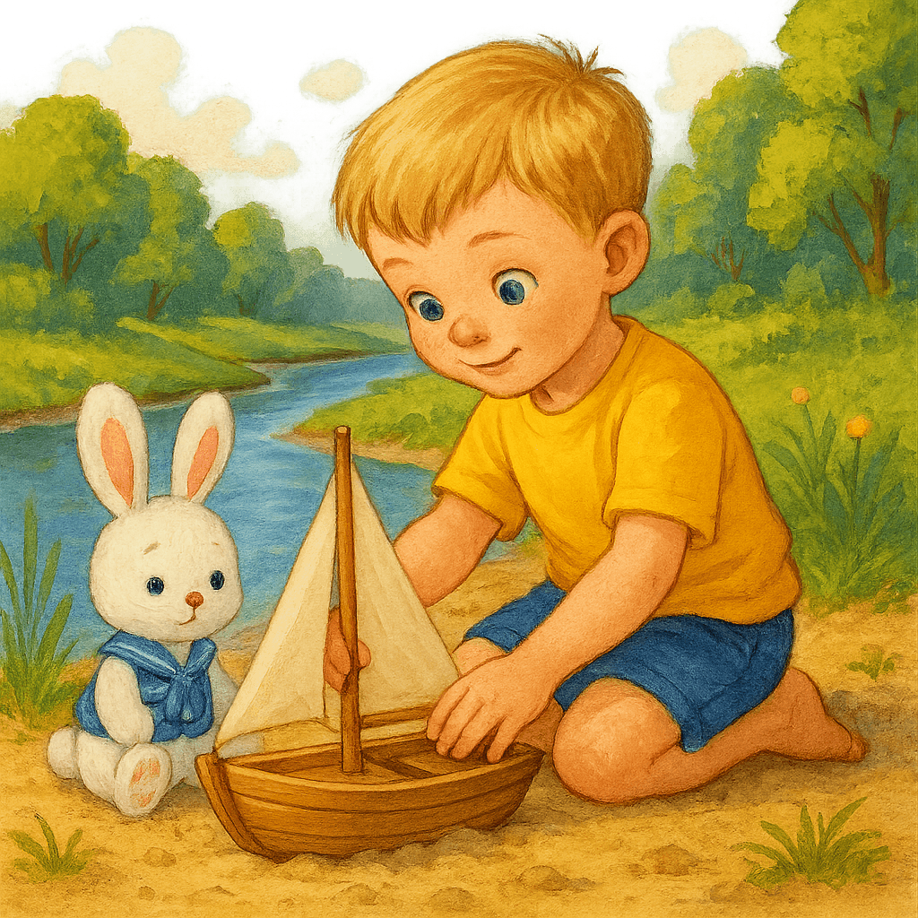 Ваня с зайчиком строят кораблик на берегу реки.