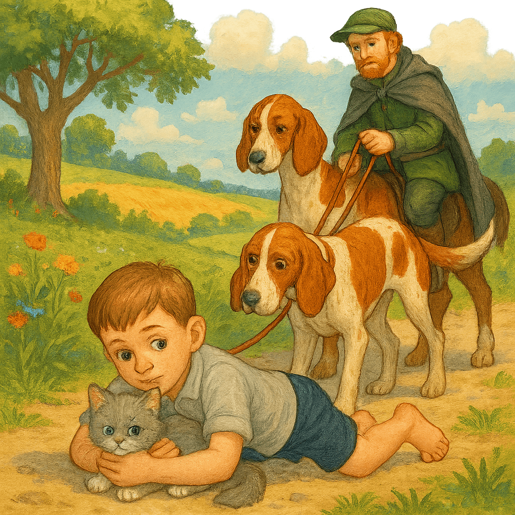 Вася защищает котёнка своим телом, охотник на коне удерживает собак.