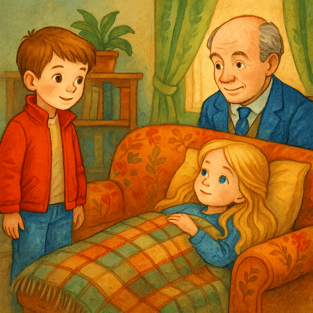 Дениска пришёл к Аленке, профессор в синем костюме осматривает Алину