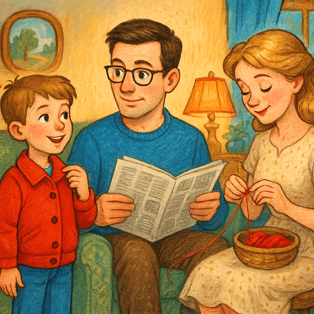 Дениска разговаривает с папой и мамой в комнате