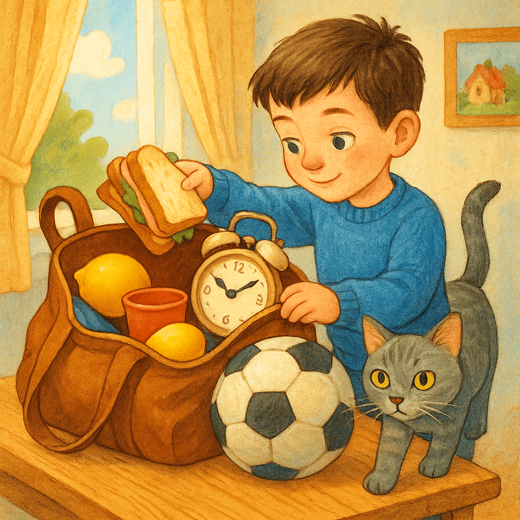 Саша собирает сумку, рядом на столе кошка Мурка