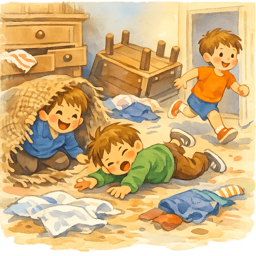 Мальчик смеётся под рогожкой, другой спотыкается о него среди разбросанных вещей