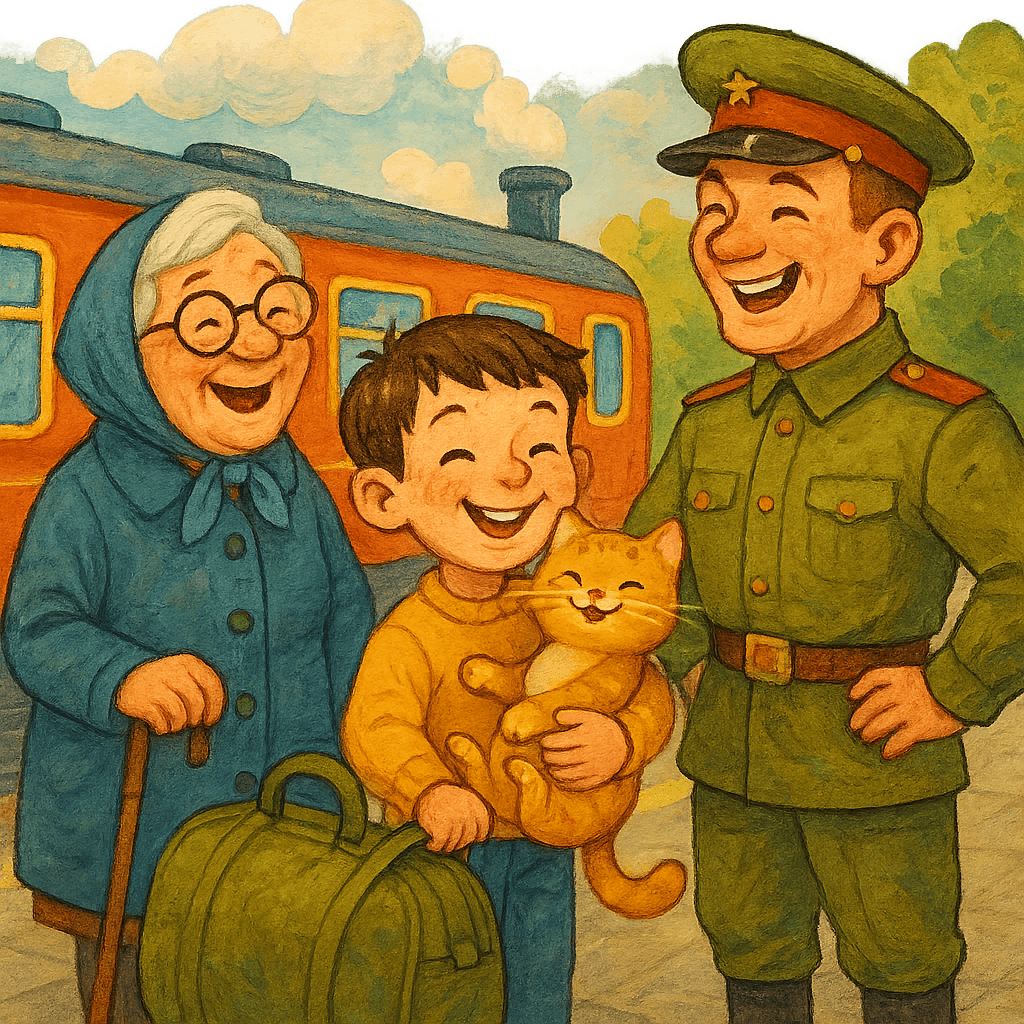 Саша на перроне с кошкой, окружающие улыбаются и смеются