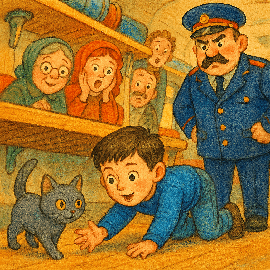 Саша ищет Мурку под полкой в поезде, все смотрят удивлённо