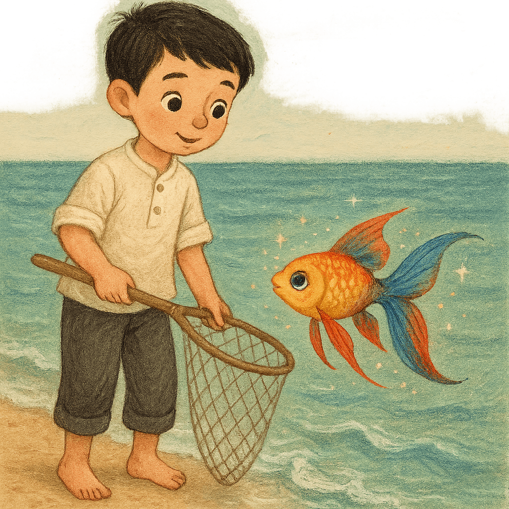 Мальчик с неводом и волшебная трехцветная рыбка на берегу моря