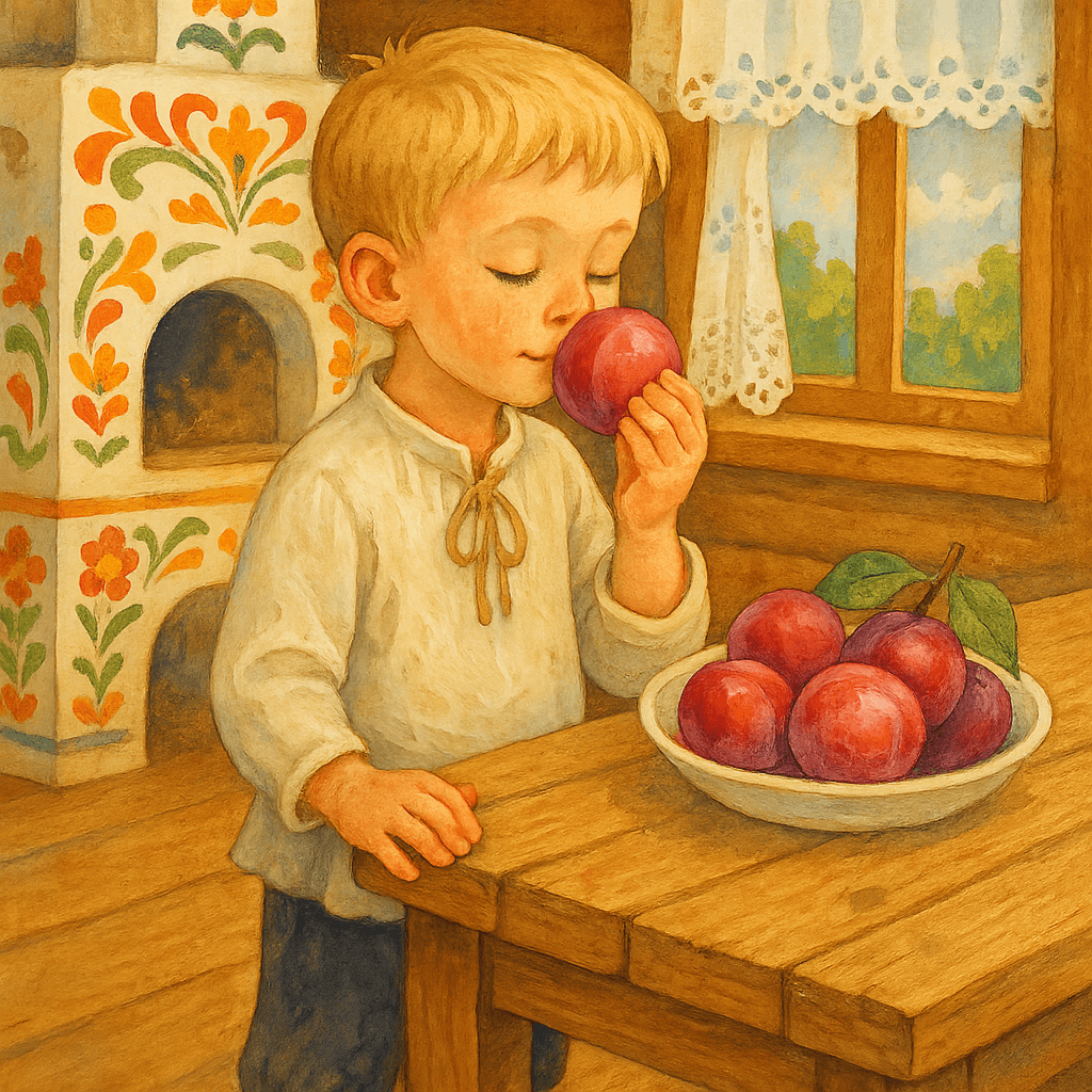 Ваня нюхает сливу у стола один в горнице