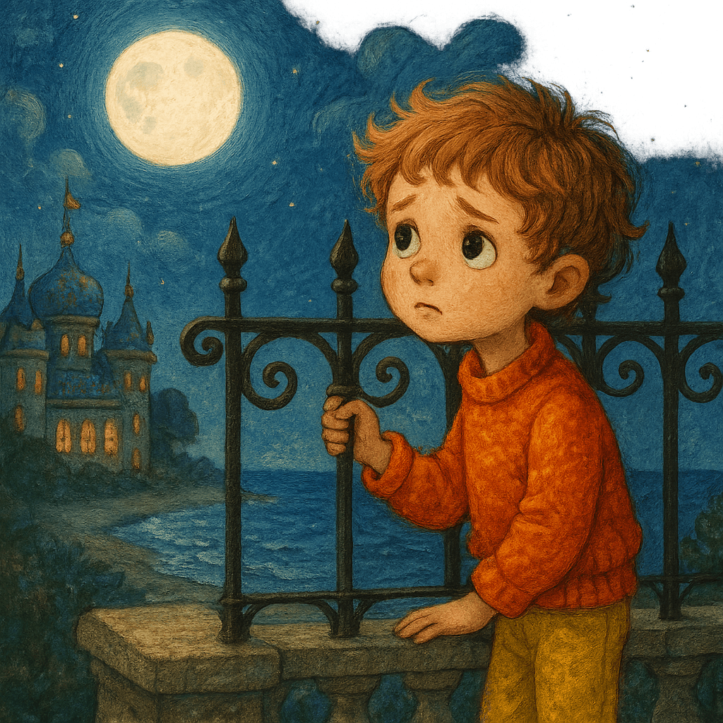 Мальчик ночью у ограды дворца грустно смотрит на луну