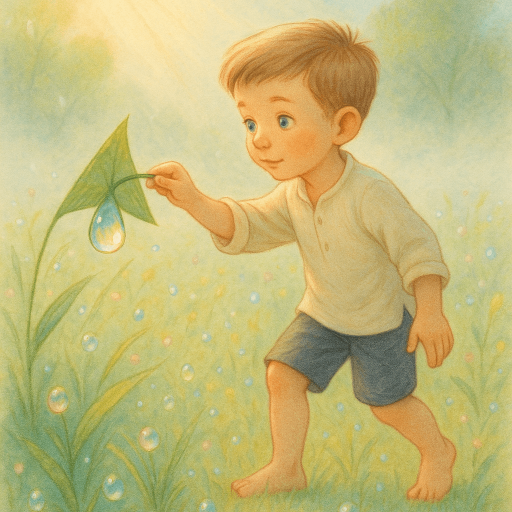 Мальчик срывает листок с росой, капелька скатывается с листка