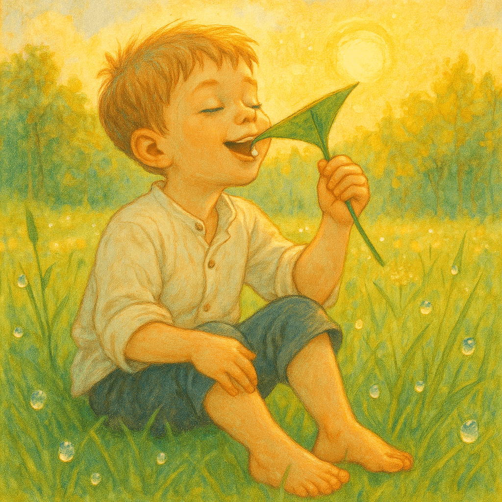 Мальчик пьет росинку из листка, сидя на лугу