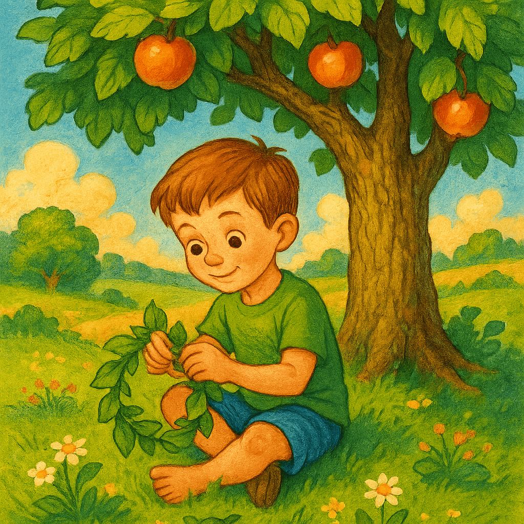 Мальчик плетёт венок из листьев под яблоней.