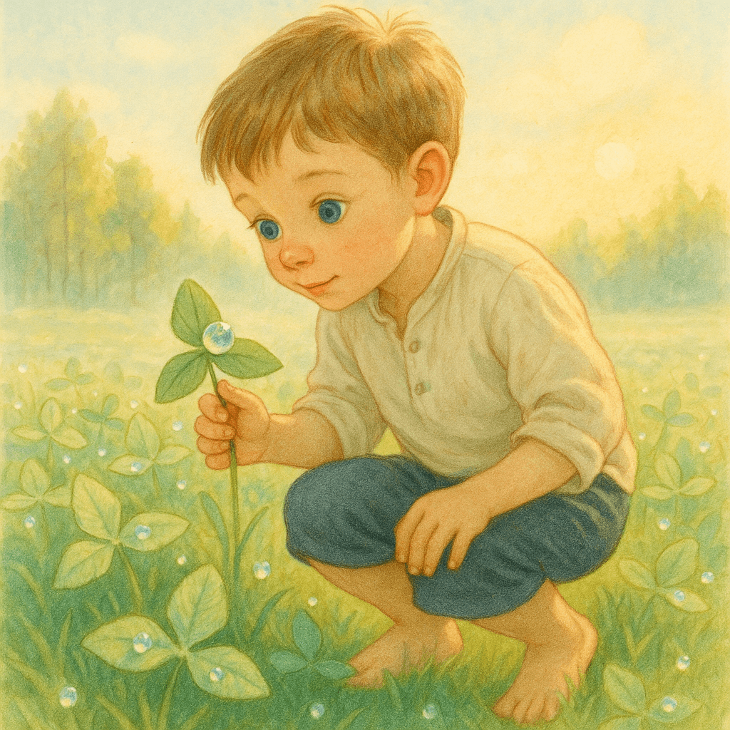 Мальчик рассматривает каплю росы на треугольном пушистом листке под лучами солнца