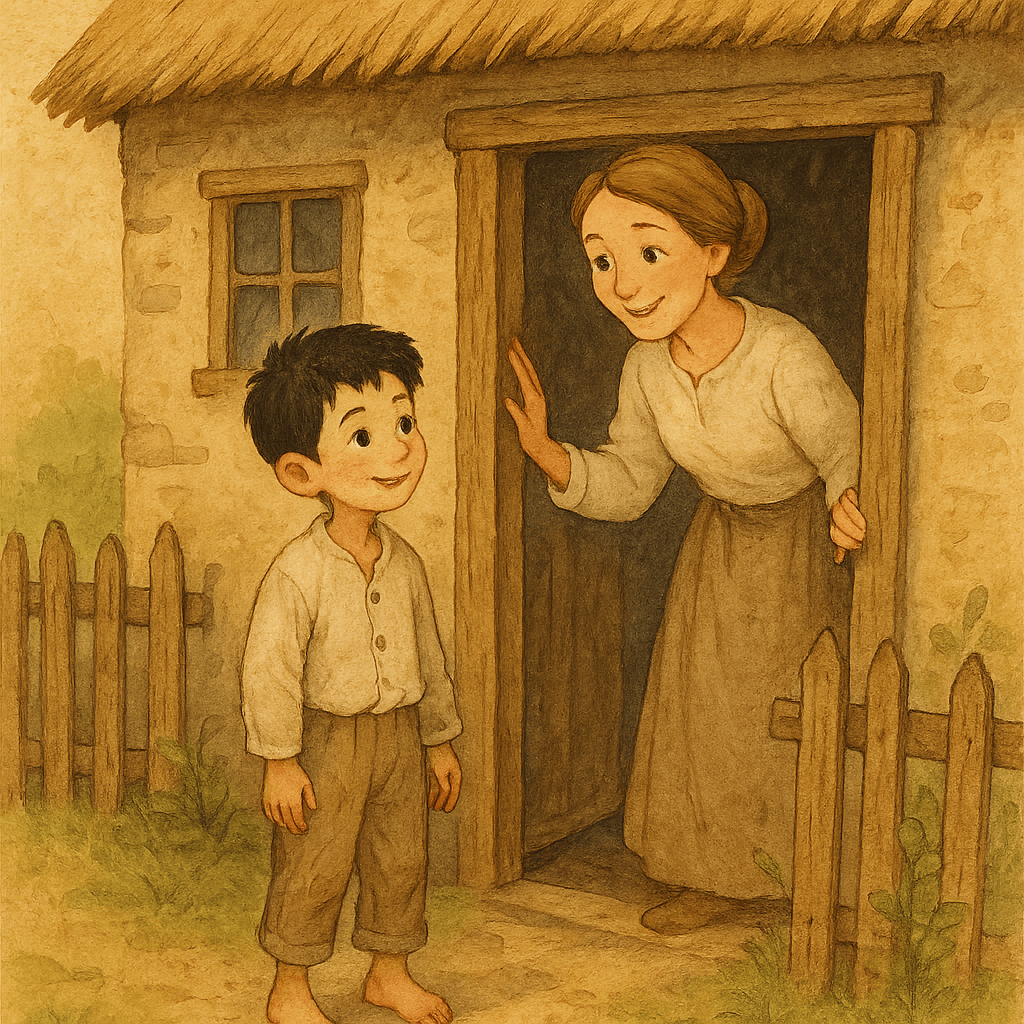 Мальчика встречает на пороге старой лачуги мама с ласковой улыбкой