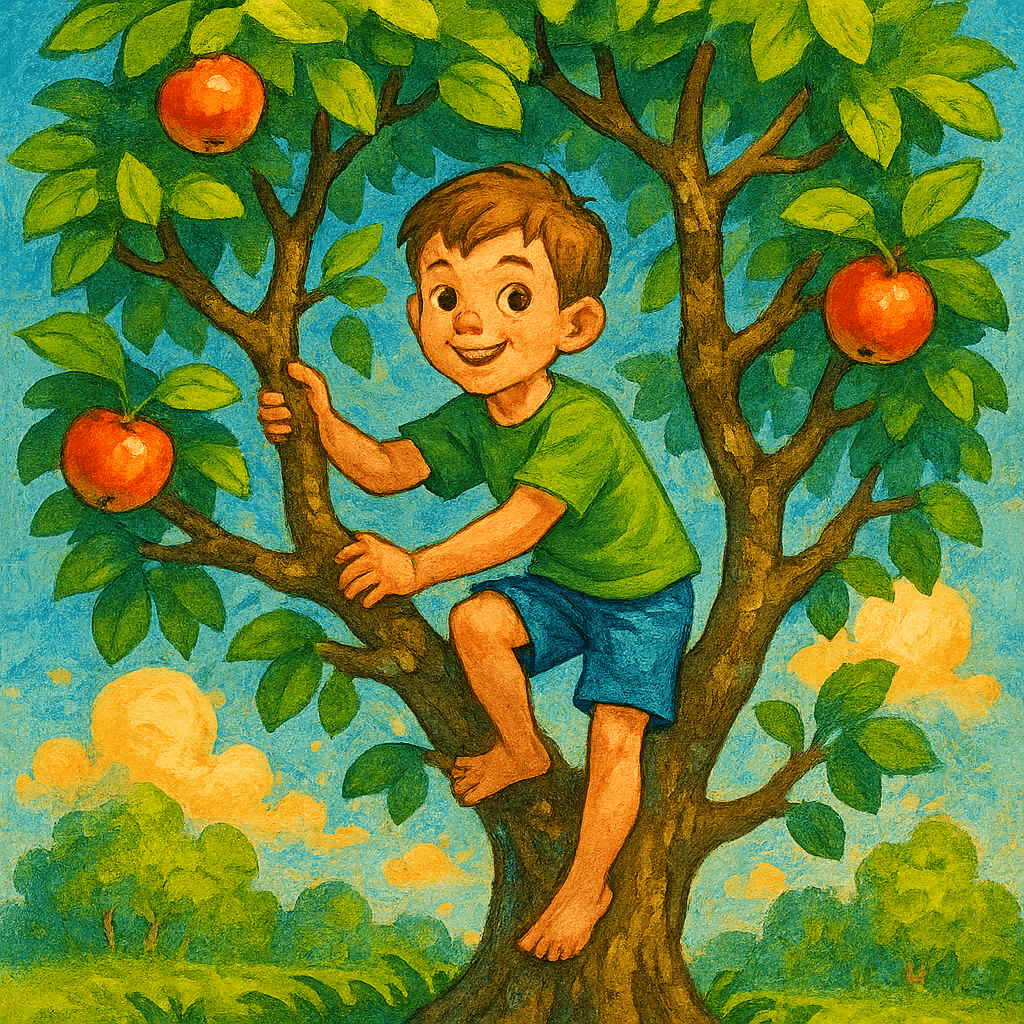 Мальчик лазает по ветвям яблони.