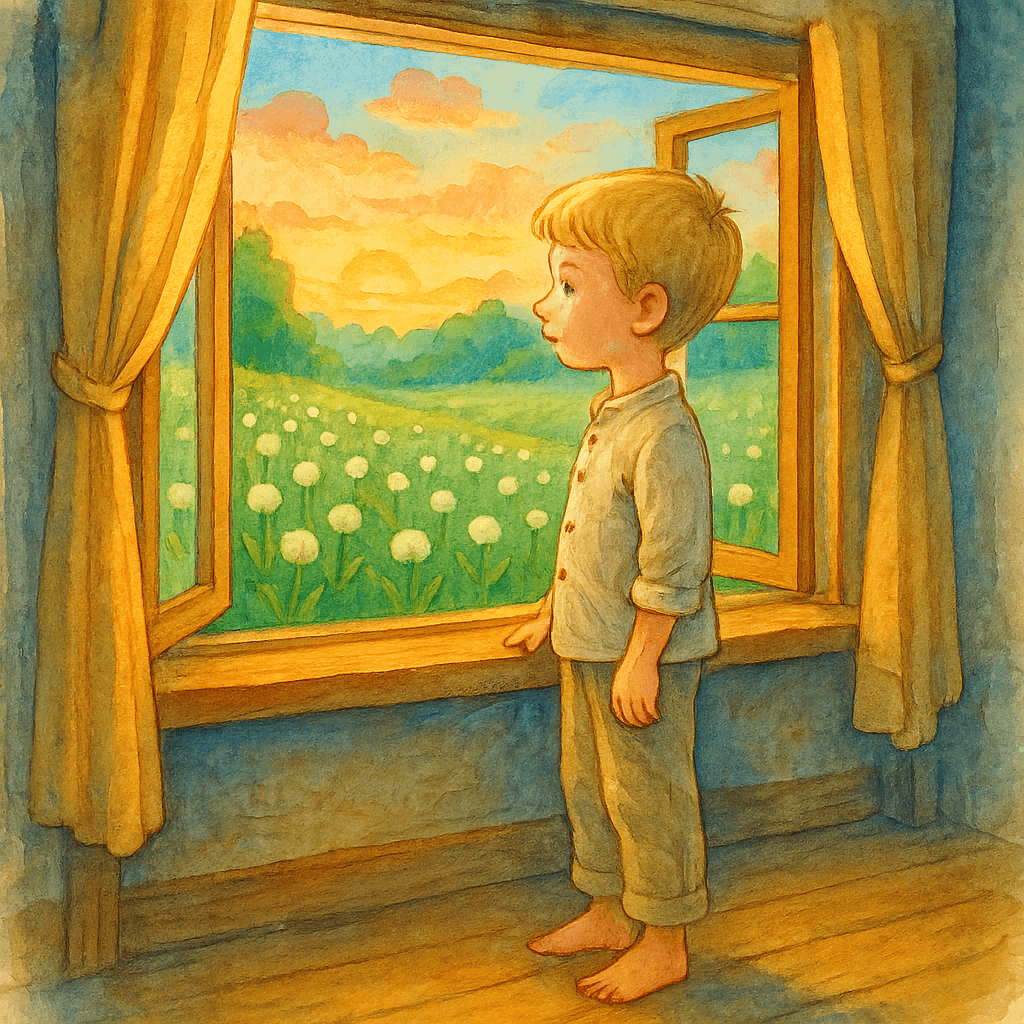 Мальчик смотрит из окна на зелёный луг утром