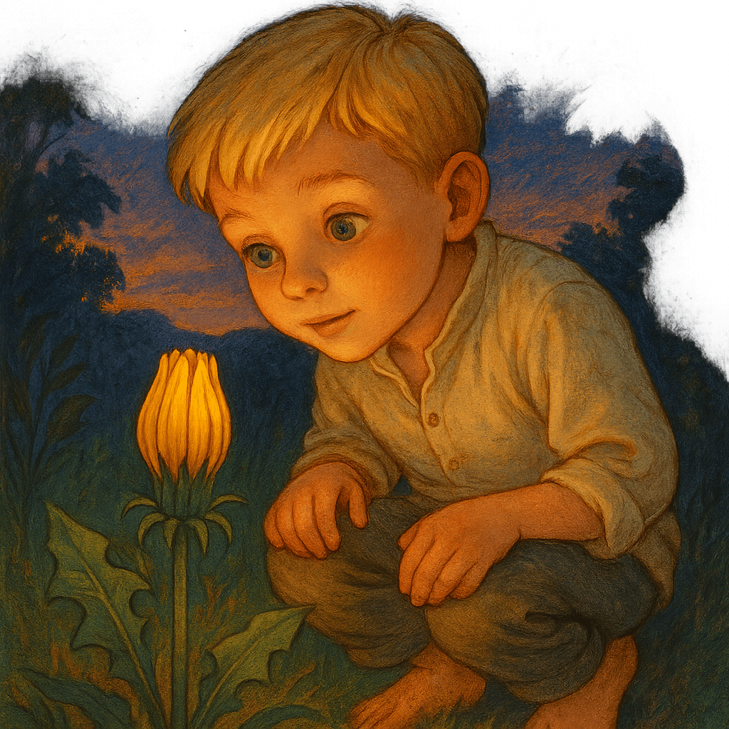 Мальчик наблюдает, как вечером одуванчик закрывает лепестки