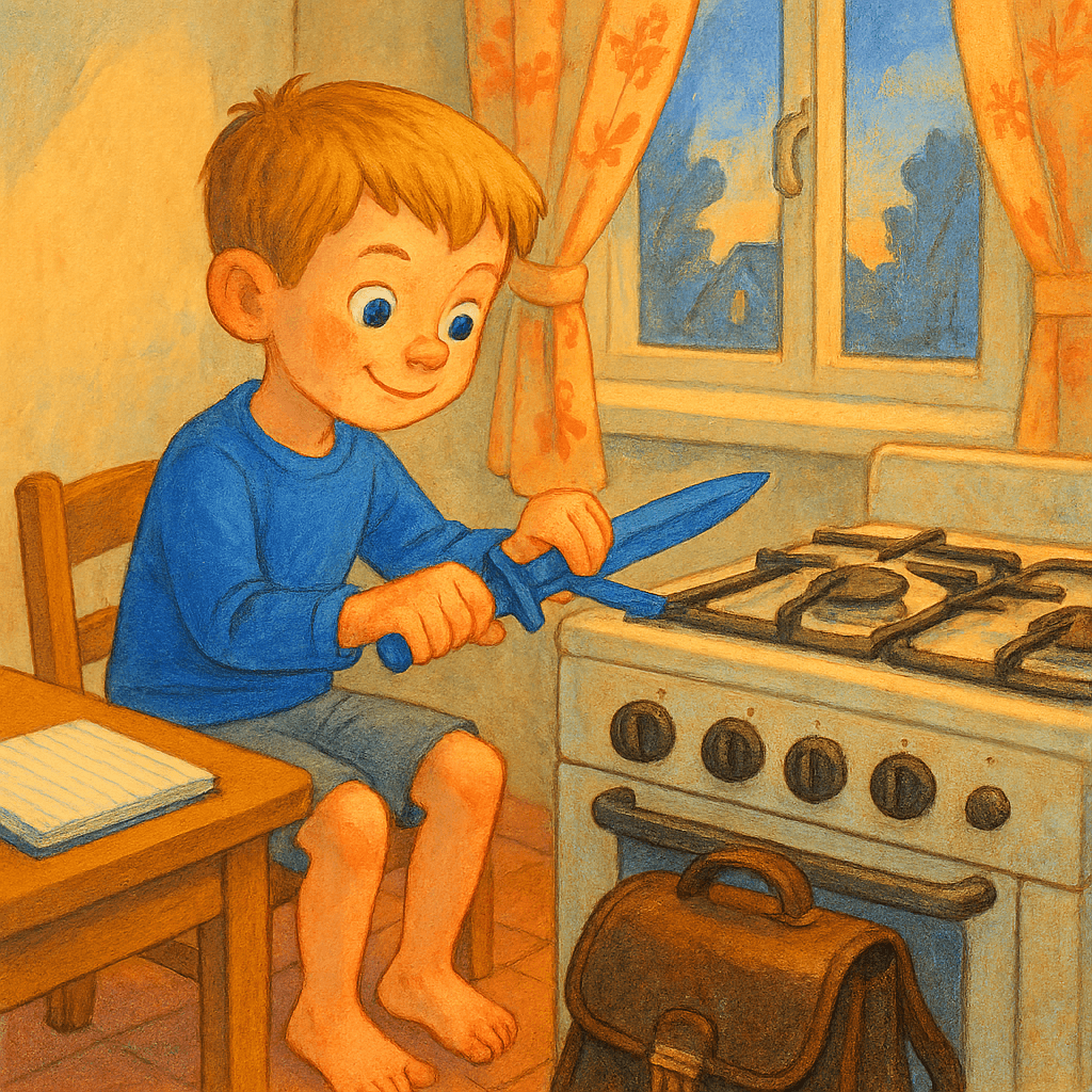 Вечером мальчик дома на кухне точит синий пластиковый нож-кинжал.