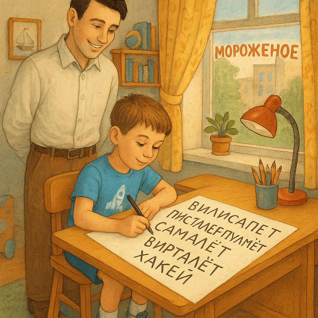 Мальчик пишет список желаемых игрушек, отец рядом.