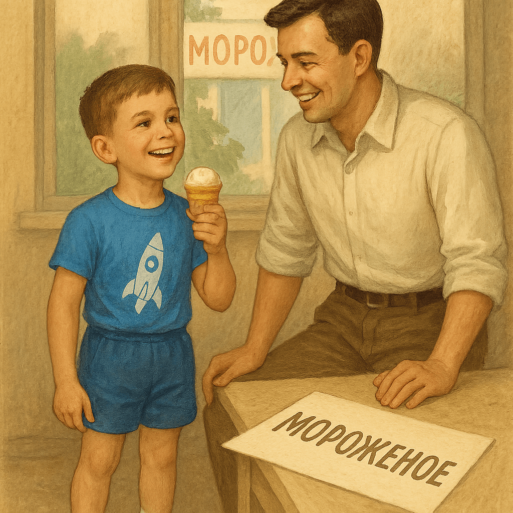 Мальчик с мороженым, отец рядом, лист на столе.