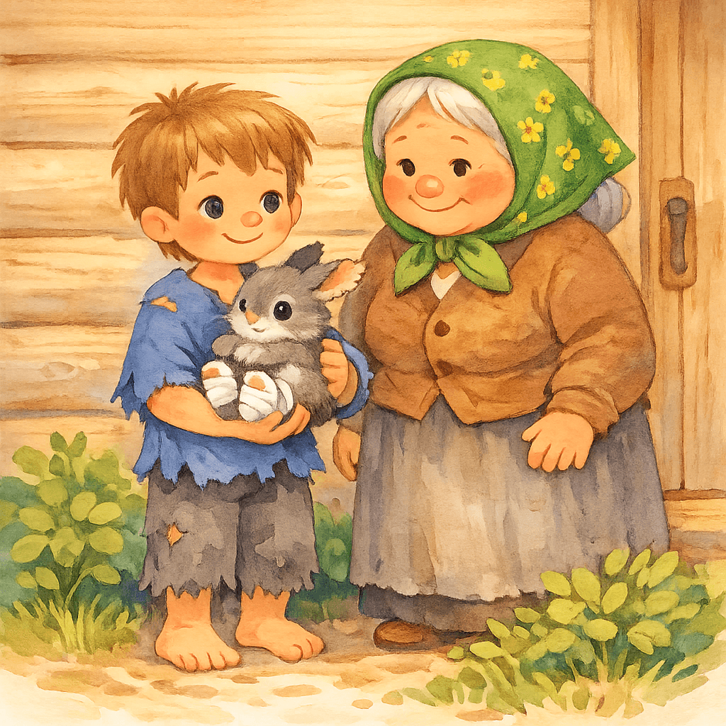 Ваня с зайцем и бабушка Анисья у избы