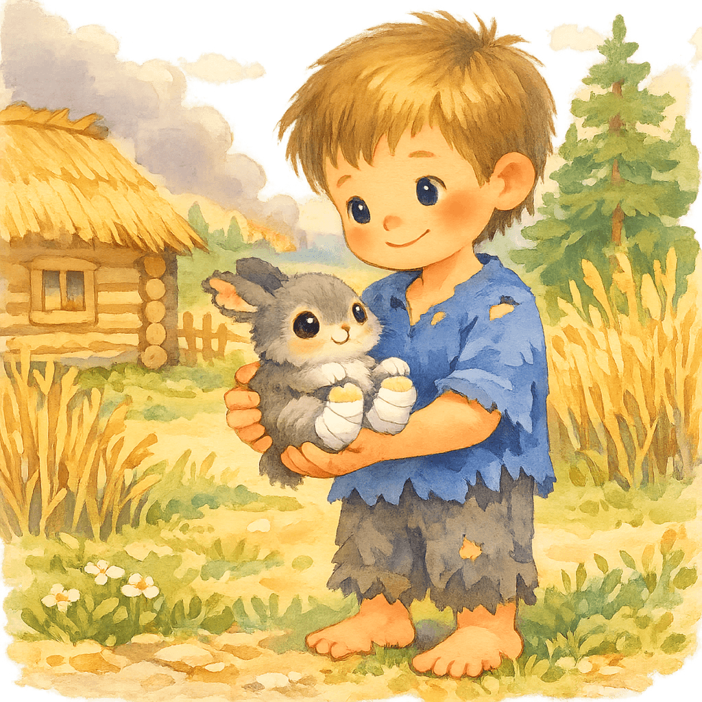 Мальчик Ваня с маленьким зайцем на руках у бревенчатой избы
