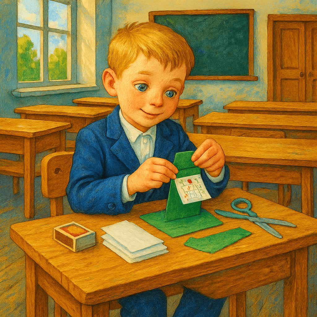 Мальчик мастерит календарь из зелёного картона за партой в светлом классе.