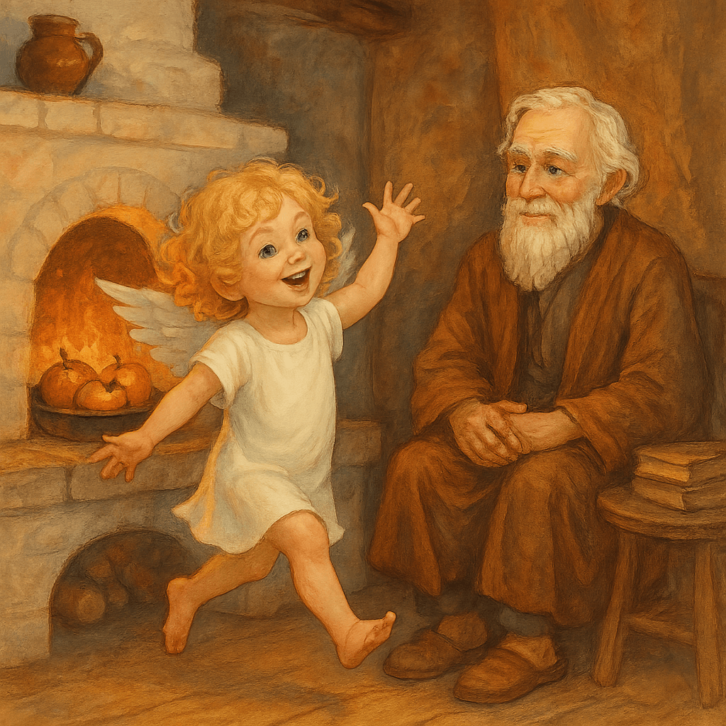 Мальчик-Амур радостно кругом пляшет у печки, старик-поэт улыбается