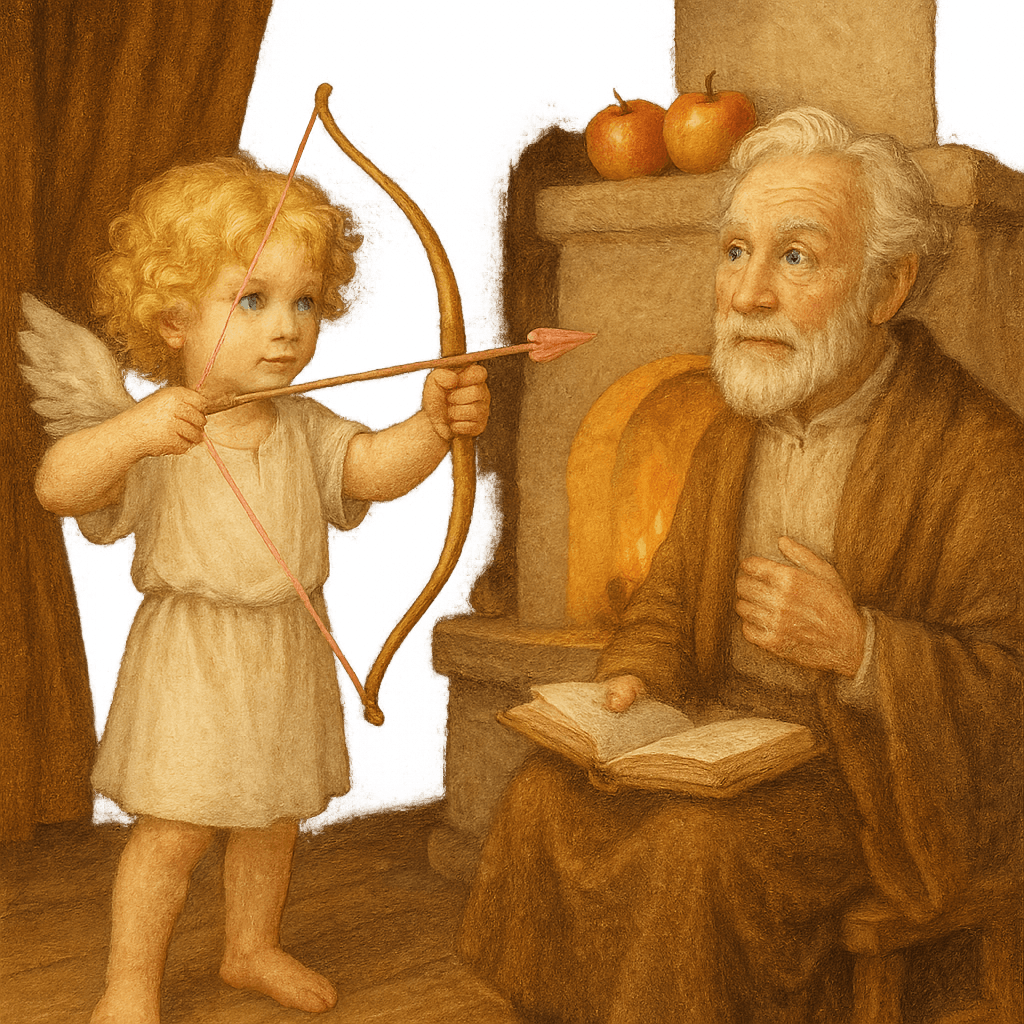 Амур стреляет из лука в старика-поэта у печки
