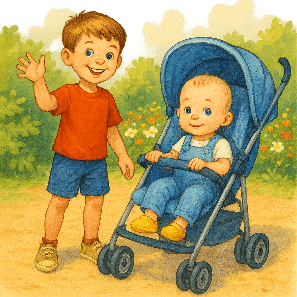 Андрюша и Вадик во дворе: Андрюша машет, Вадик в коляске