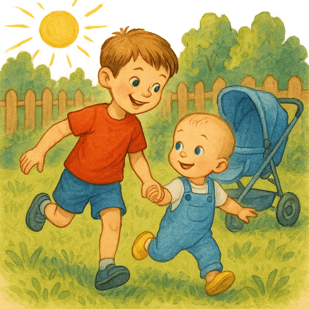 Андрюша и Вадик бегут за руки, коляска осталась позади