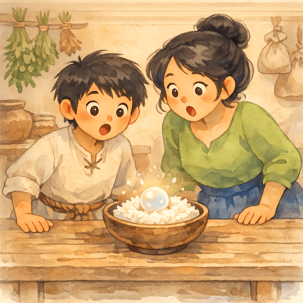 Ча с мамой смотрят на волшебную жемчужину в рисе