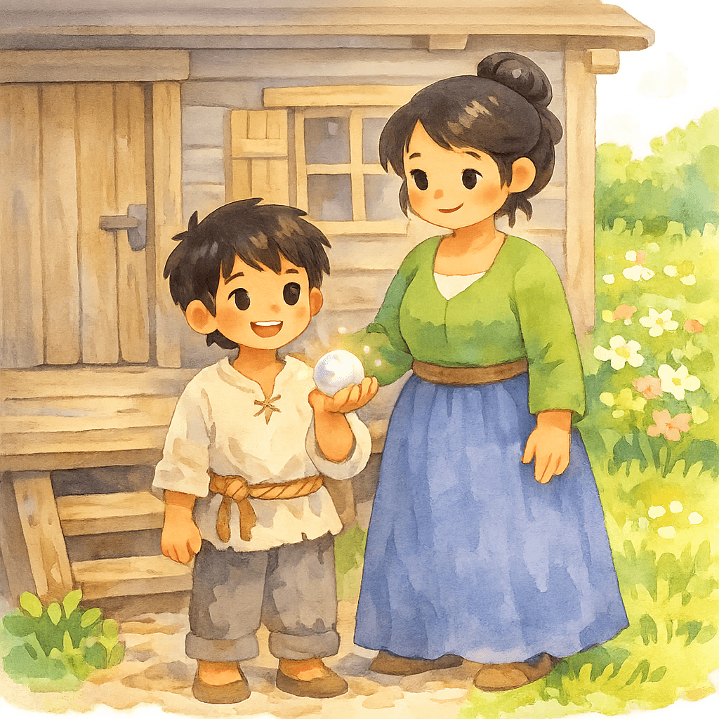 Мальчик Ча с мамой на крыльце с волшебной жемчужиной