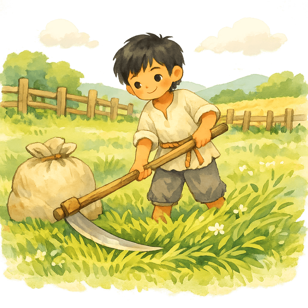 Ча косит траву на лужайке