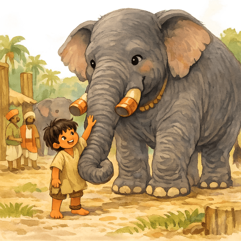 Мальчик Тумаи рядом с Кала Нагом в слоновьем лагере среди индийских джунглей